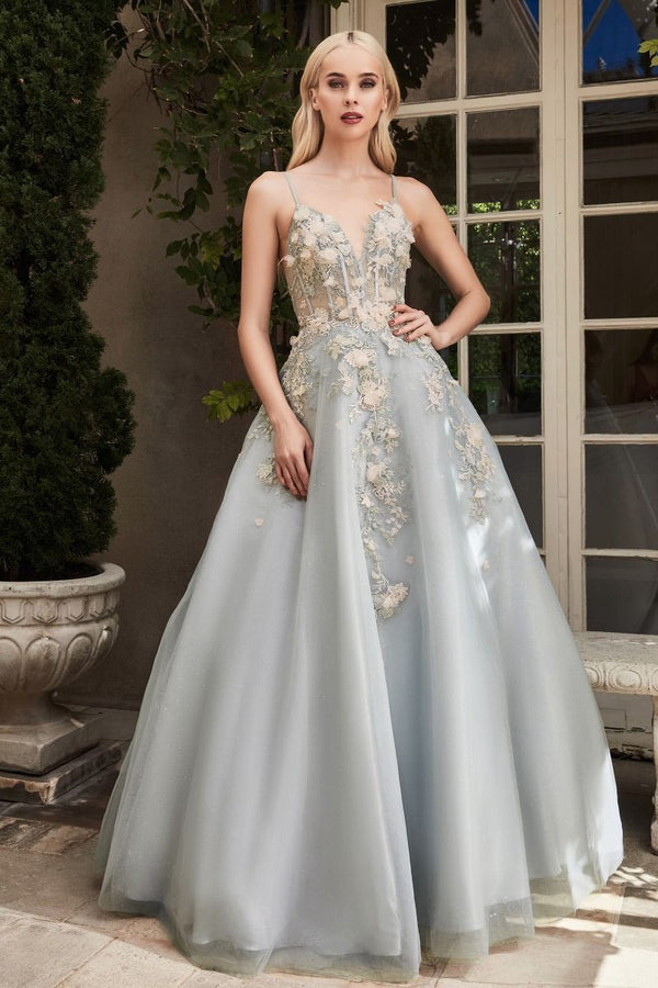 Tiana Blossom Appliqué Floral Bodice Backless Structured Corset Long Prom & Ball Dress CDA1040-0