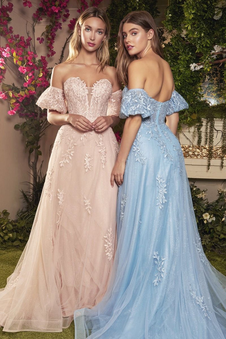 Strapless Willow Embroidered V-neck Bodice Puff Sleeves Floral Long Prom & Bridesmaid Dress CDA1046-0