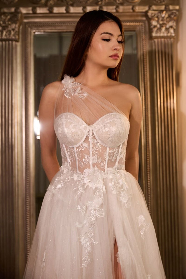 Leila One Shoulder Bustier Corset Sheer Bodice A-line Long Bridal & Wedding Dress CDA1053W-1