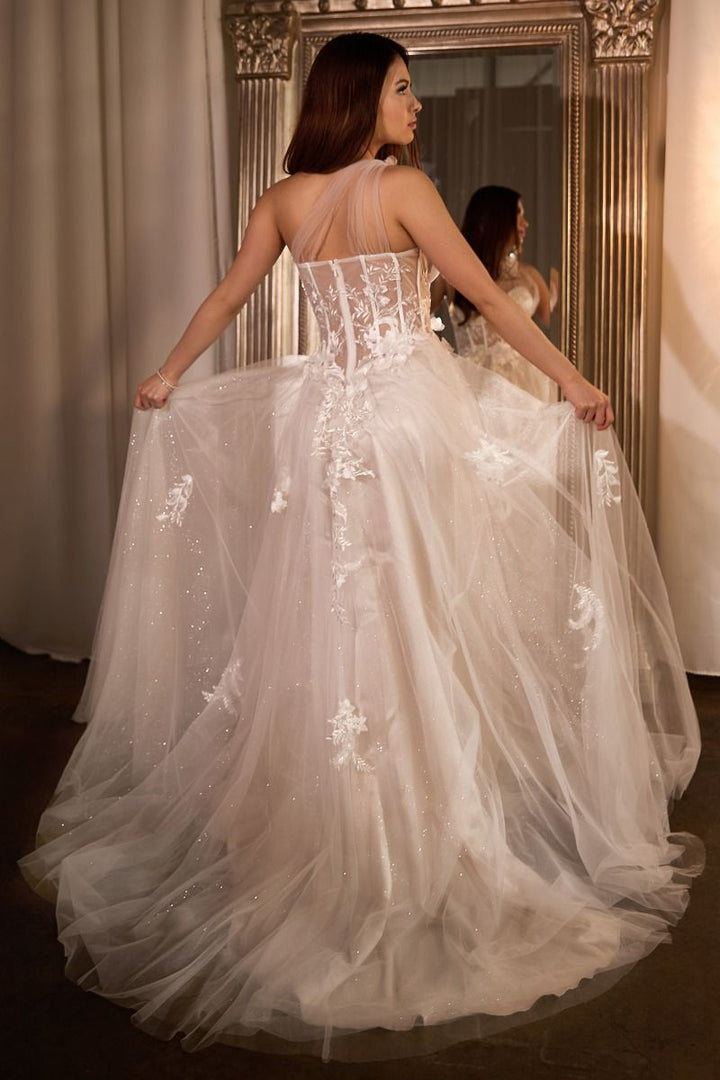Leila One Shoulder Bustier Corset Sheer Bodice A-line Long Bridal & Wedding Dress CDA1053W-2