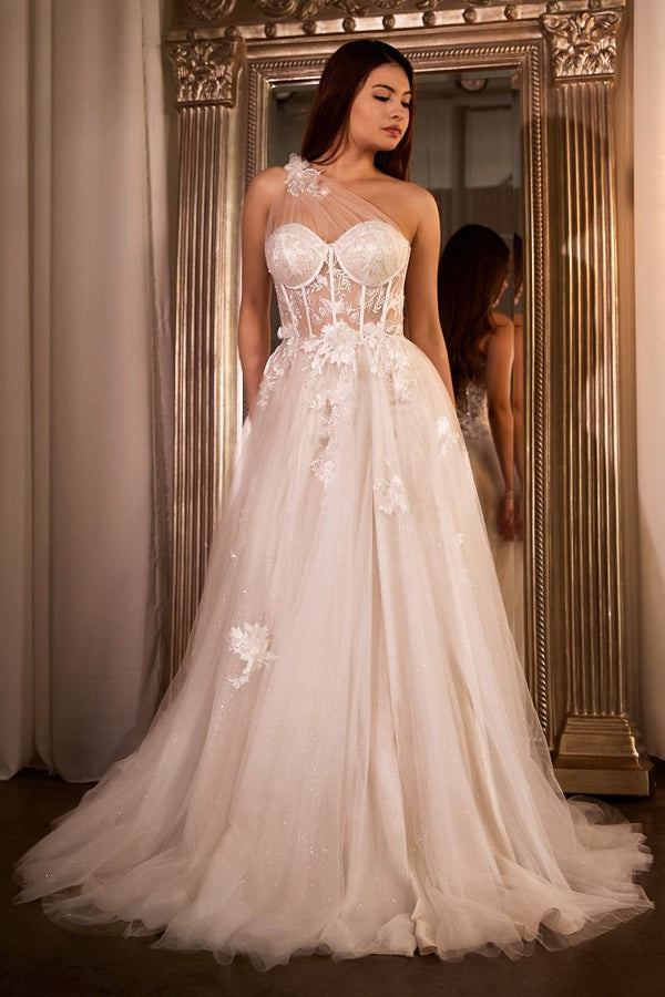 Leila One Shoulder Bustier Corset Sheer Bodice A-line Long Bridal & Wedding Dress CDA1053W-0