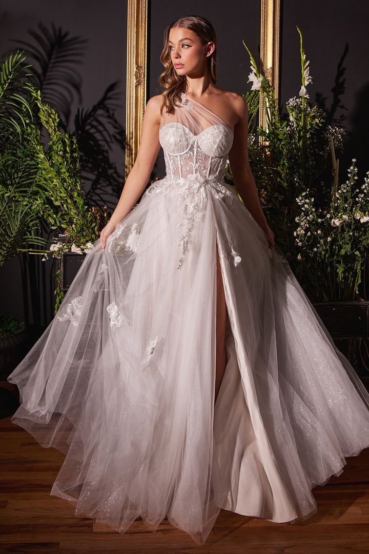 Leila One Shoulder Bustier Corset Sheer Bodice A-line Long Bridal & Wedding Dress CDA1053W-4