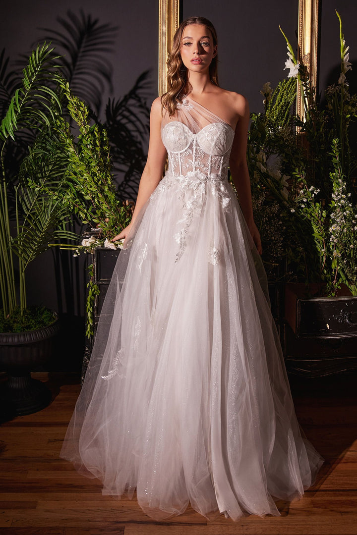 Leila One Shoulder Bustier Corset Sheer Bodice A-line Long Bridal & Wedding Dress CDA1053W-3