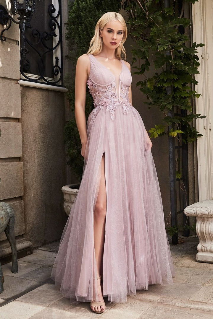 Megara Tulle Embroidered Lace Bodice Side Slit Illusion V-Neck Long Prom Dress CDA1057-2
