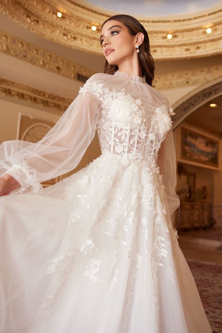 Kate Long Sleeves Sheer Appliqué Bodice A-line Comfortable Fit Long Wedding Dress CDA1074W-3