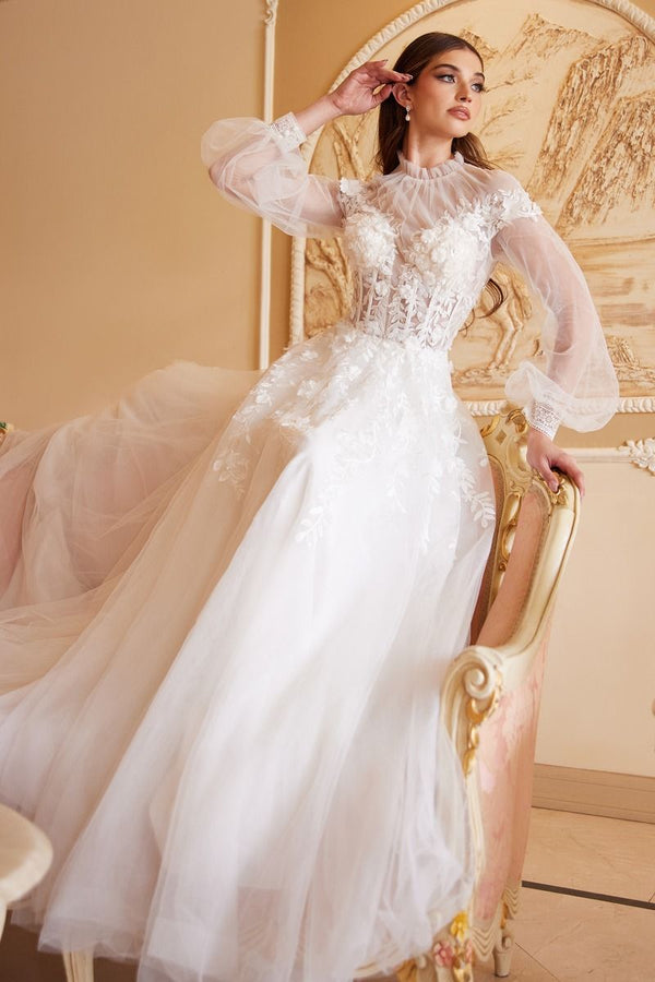 Kate Long Sleeves Sheer Appliqué Bodice A-line Comfortable Fit Long Wedding Dress CDA1074W-0