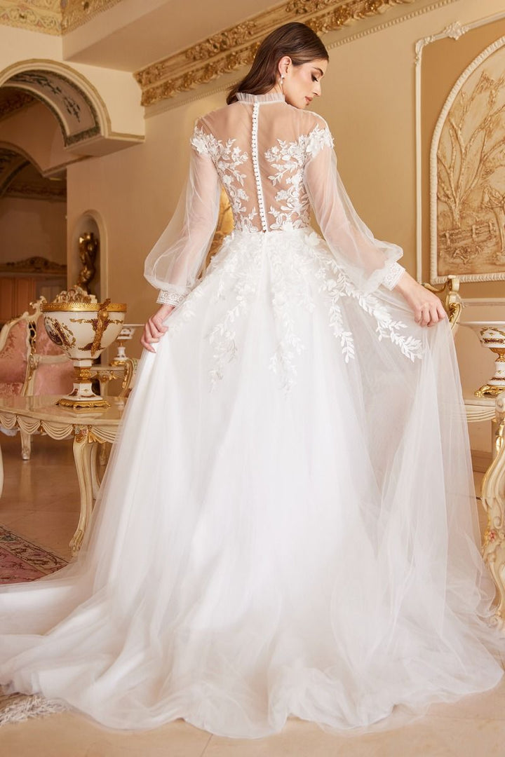 Kate Long Sleeves Sheer Appliqué Bodice A-line Comfortable Fit Long Wedding Dress CDA1074W-1