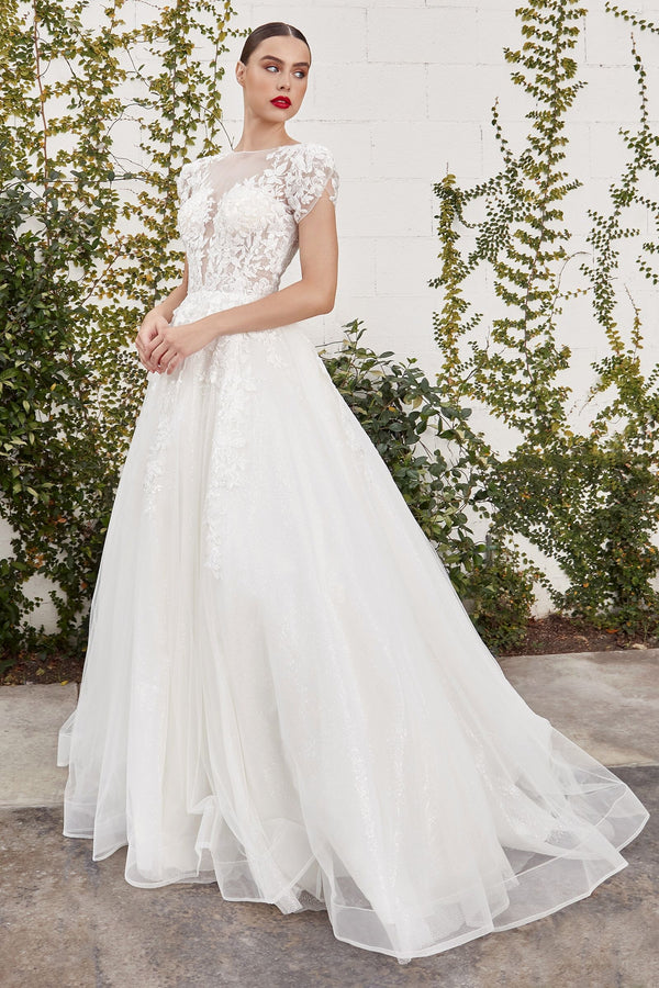 Sofian Vintage Short Sleeve Embroidered Bodice Floral Deep V-neck Wedding Dress CDA1082W-0