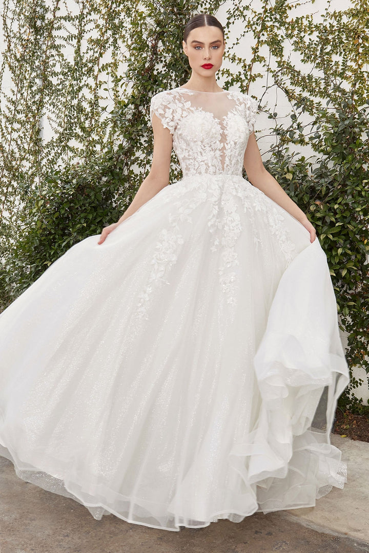 Sofian Vintage Short Sleeve Embroidered Bodice Floral Deep V-neck Wedding Dress CDA1082W-1
