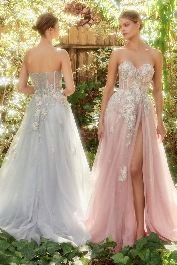 Penelope Blossom Floral Strapless Sheer Corset Bodice A-line Long Prom & Bridesmaid Dress CDA1089-3