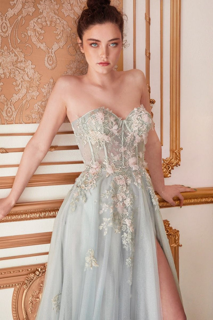 Penelope Blossom Floral Strapless Sheer Corset Bodice A-line Long Prom & Bridesmaid Dress CDA1089-1