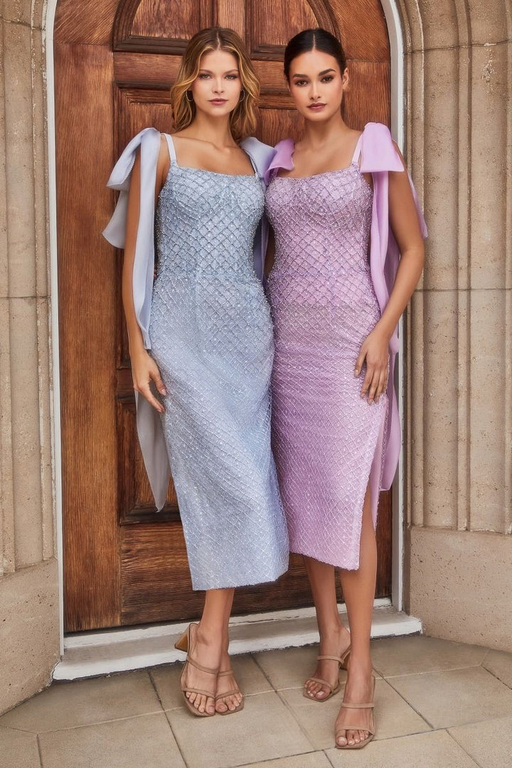 Embellished Glitter Netting Bow Tie Straps Midi Cocktail Dress CDA1110-1