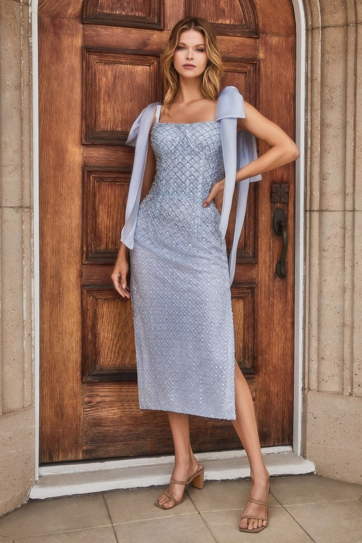 Embellished Glitter Netting Bow Tie Straps Midi Cocktail Dress CDA1110-3