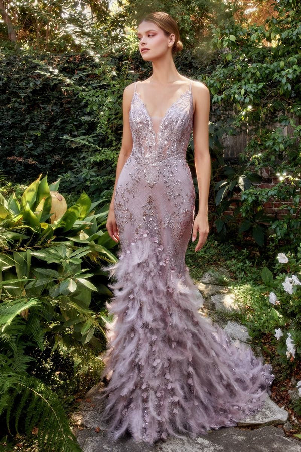 Feather Mermaid Deep V-neck Mid Open Back Laced Bodice Long Prom & Bridemaid Dress CDA1116-5