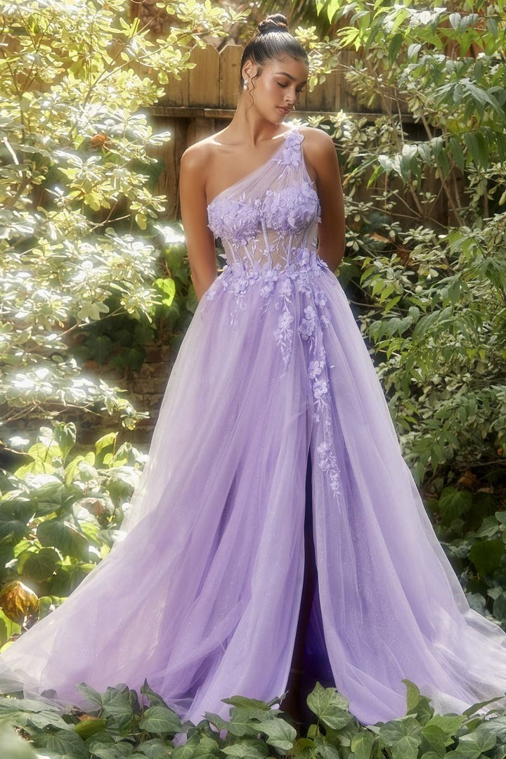 One Shoulder Lace applique Sheer Sequin Embellished Bodice Tulle Long Prom & Ball Dress CDA1140-1