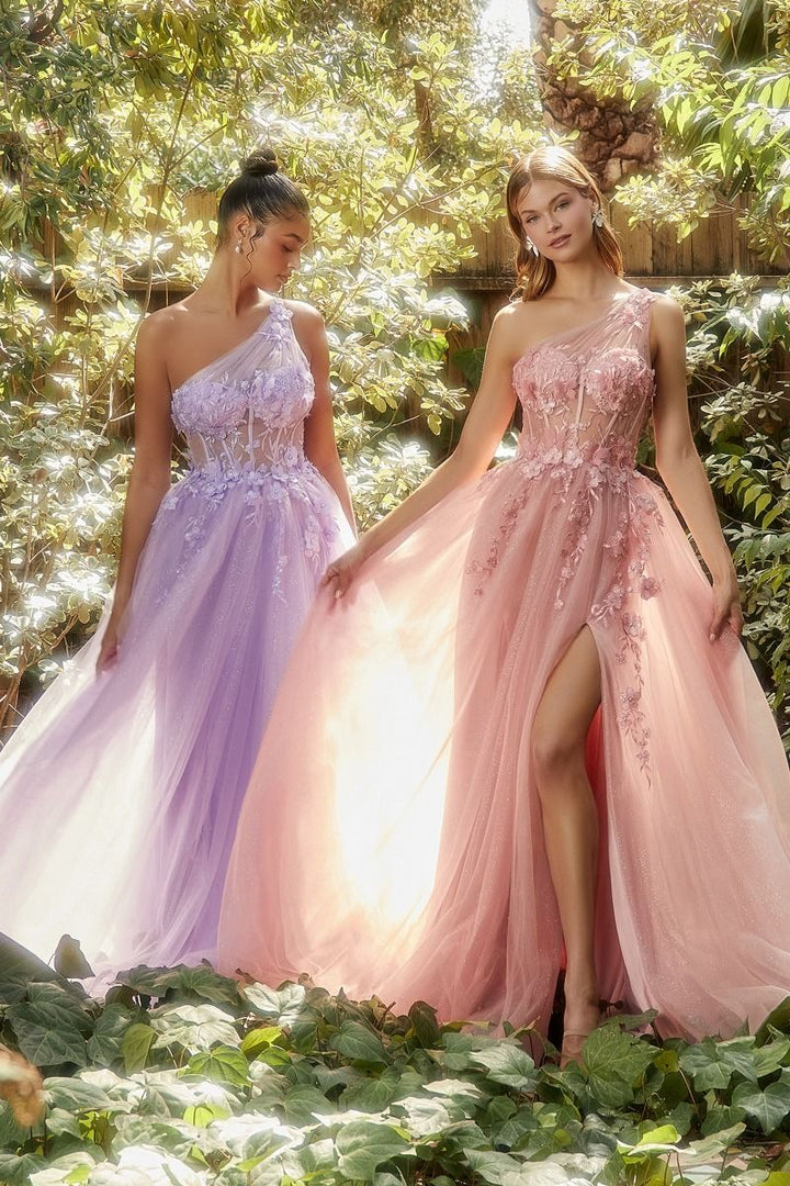 One Shoulder Lace applique Sheer Sequin Embellished Bodice Tulle Long Prom & Ball Dress CDA1140-3