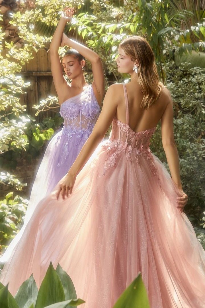 One Shoulder Lace applique Sheer Sequin Embellished Bodice Tulle Long Prom & Ball Dress CDA1140-2
