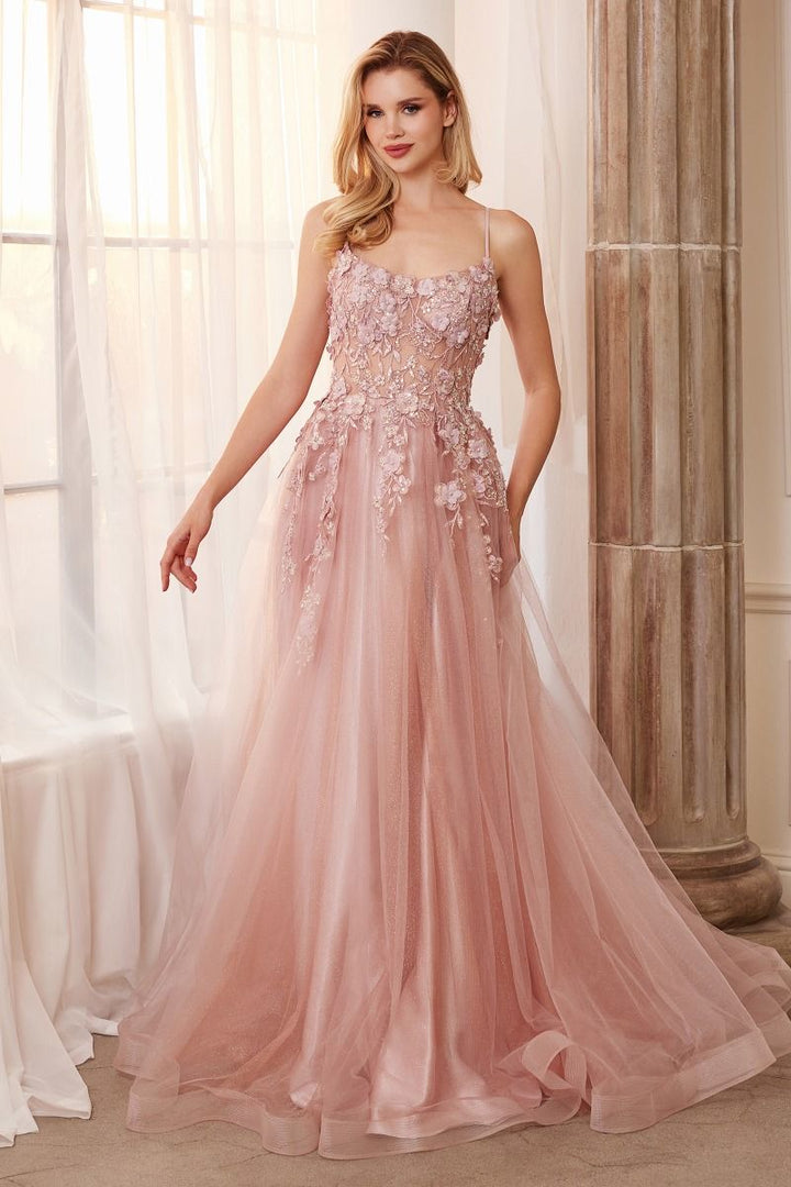 Floral Applique A-Line Scoop Neck Adjustable Open Back Bodice Long Boho & Prom Dress CDA1142-2