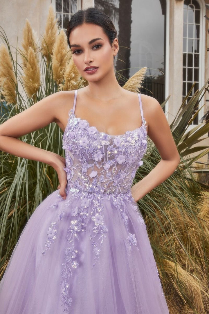 Floral Applique A-Line Scoop Neck Adjustable Open Back Bodice Long Boho & Prom Dress CDA1142-5