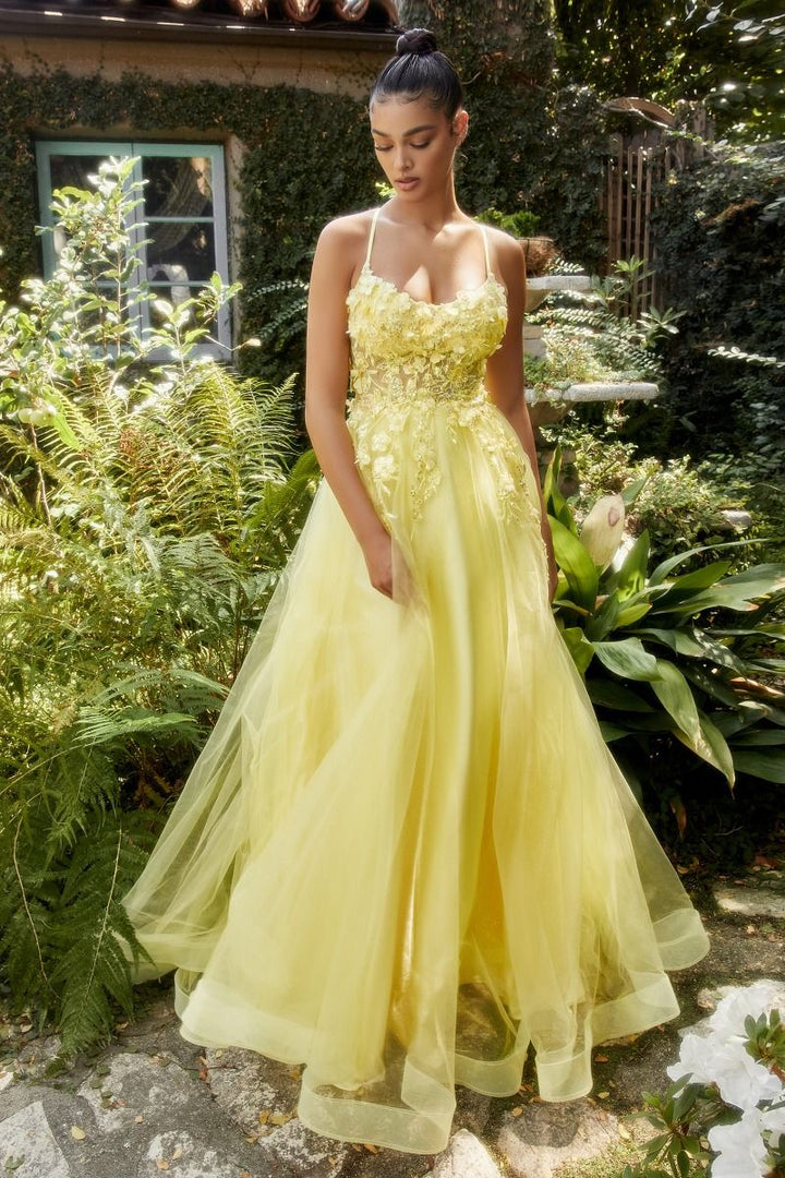 Floral Applique A-Line Scoop Neck Adjustable Open Back Bodice Long Boho & Prom Dress CDA1142-6