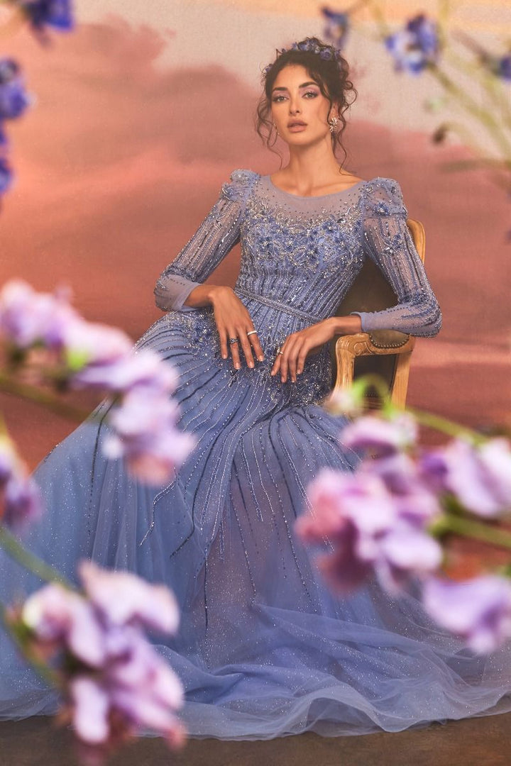 Azurite Beaded Sheer Long Sleeves A-Line Long Prom & Ball Dress CDA1167-1