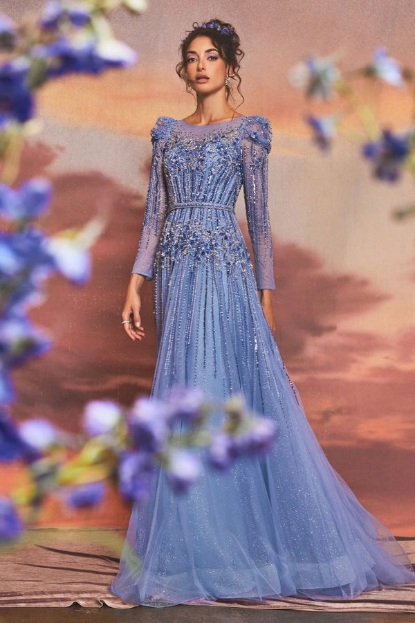 Azurite Beaded Sheer Long Sleeves A-Line Long Prom & Ball Dress CDA1167-0