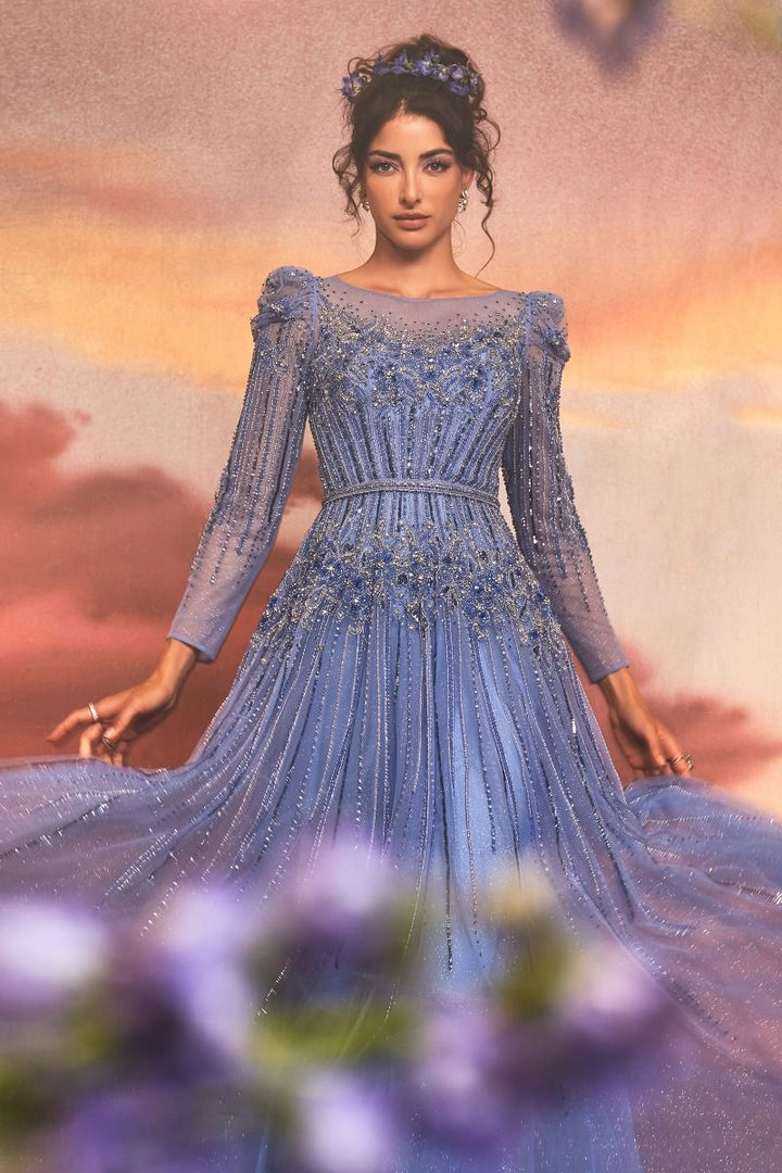 Azurite Beaded Sheer Long Sleeves A-Line Long Prom & Ball Dress CDA1167-2
