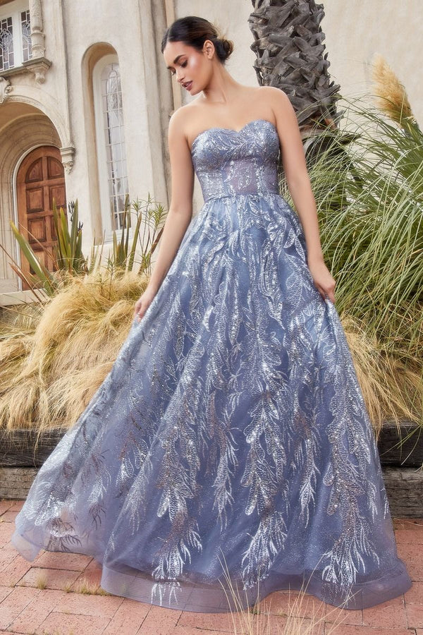 Shimmer Leaf Motif Strapless Bodice Open Back A-line Long Mother Of The Bride Dress CDA1174-0