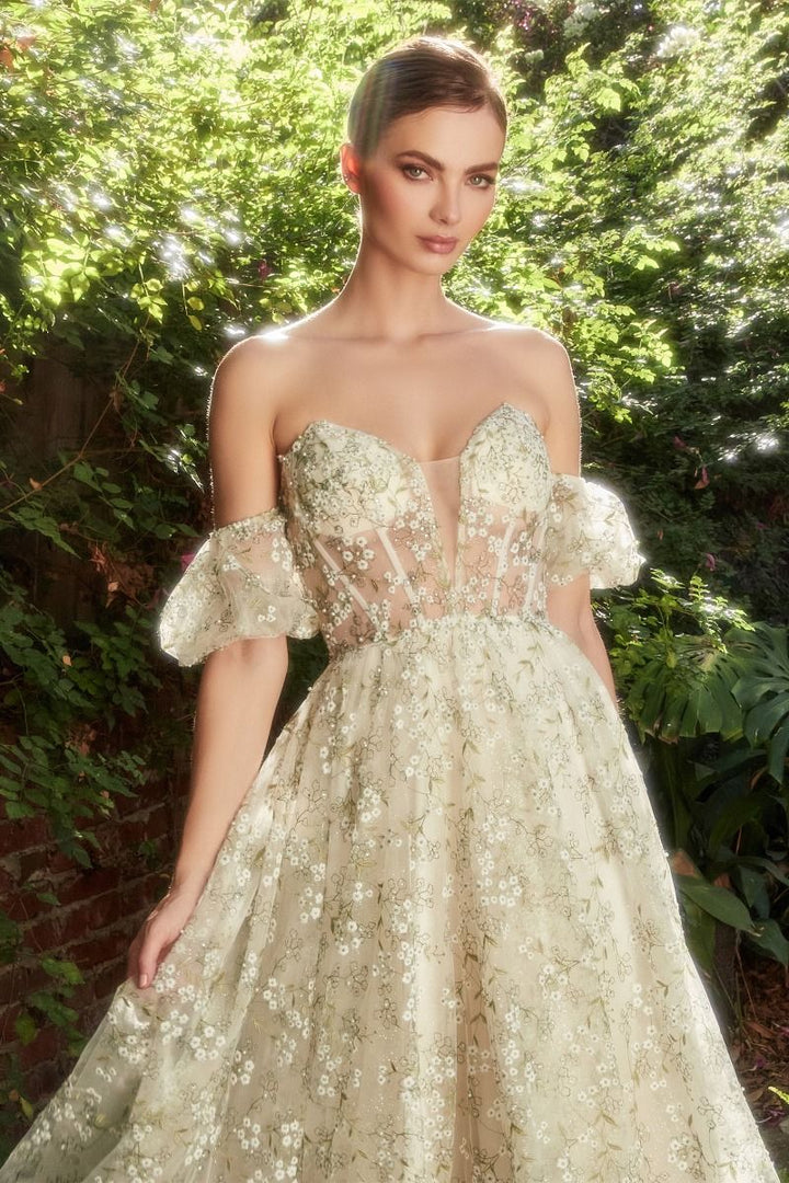 Baby's Breath Sheer Corset Strapless Bodice Puff Sleeves Midi Prom & Bridesmaid Dress CDA1197-2