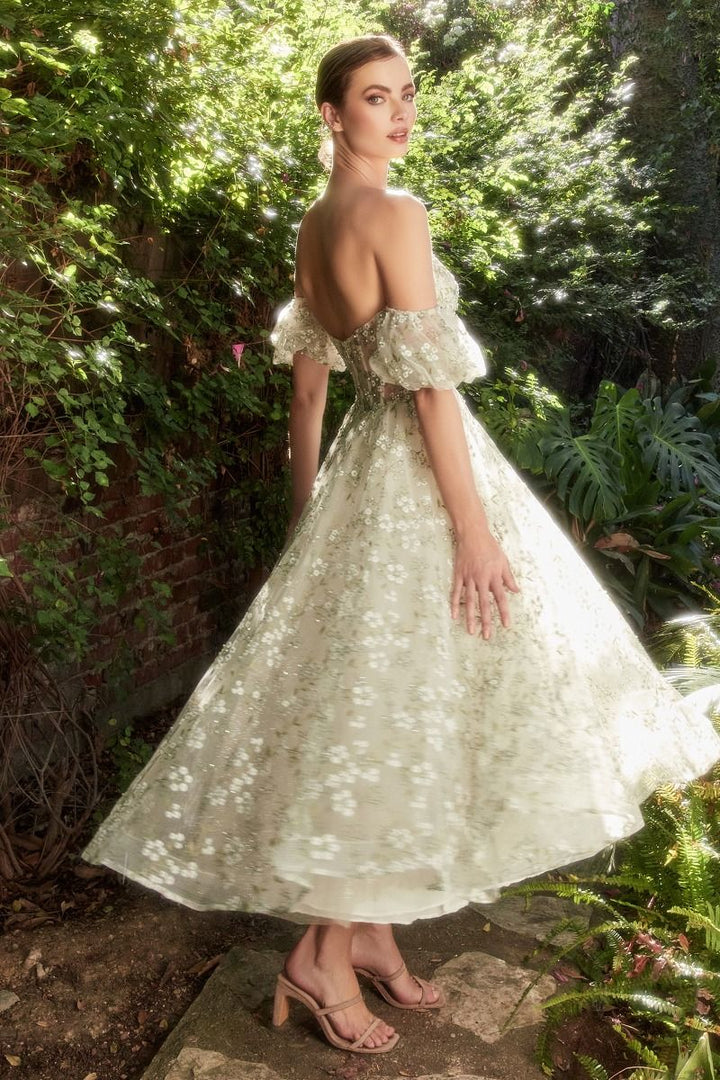 Baby's Breath Sheer Corset Strapless Bodice Puff Sleeves Midi Prom & Bridesmaid Dress CDA1197-1