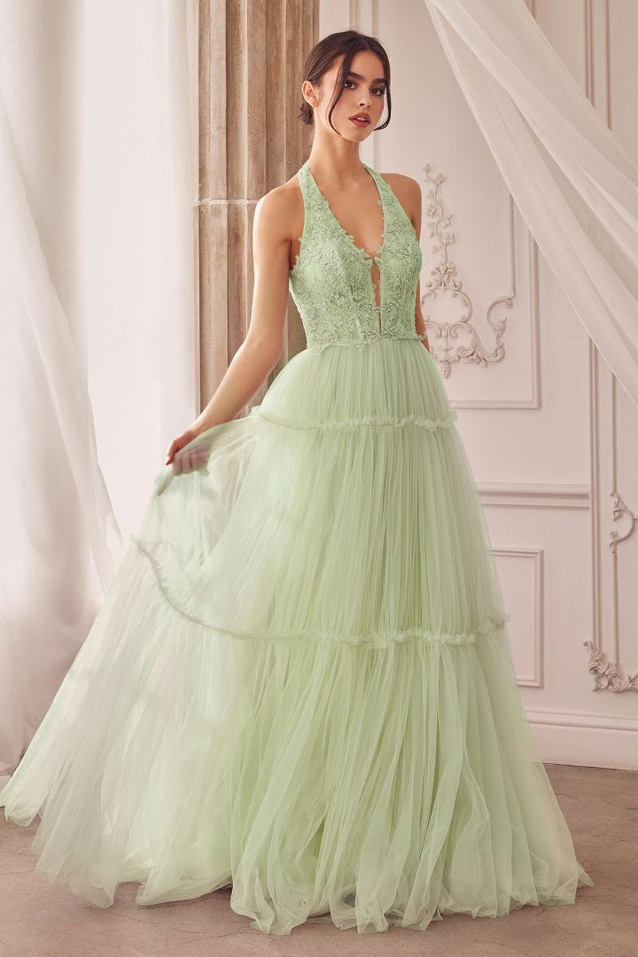 Garden Lace Gree Lavender Mid Open Laced Back Halter Tier Skirt Long Prom & Ball Dress CDA1206-4