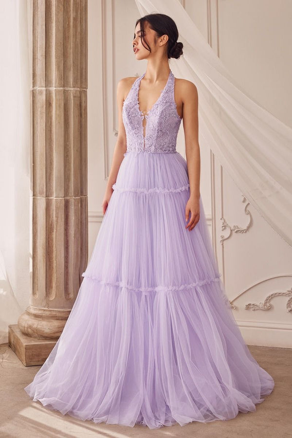 Garden Lace Gree Lavender Mid Open Laced Back Halter Tier Skirt Long Prom & Ball Dress CDA1206-0