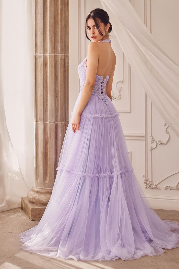 Garden Lace Gree Lavender Mid Open Laced Back Halter Tier Skirt Long Prom & Ball Dress CDA1206-1