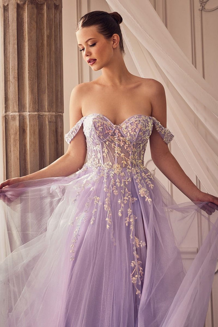 Off The Shoulder Sequin Embellished Bodice Luxury a-line layered Long Ball & Bridesmaid Dress CDA1209-2