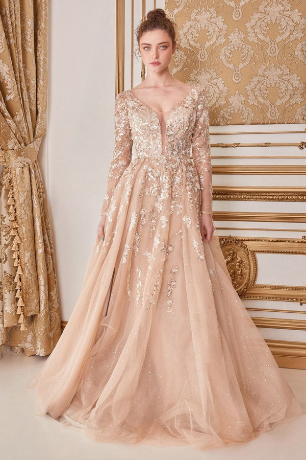 Champagne Long Sleeve Beaded A-Line Long Mother Of The Bride Dress CDA1215-0