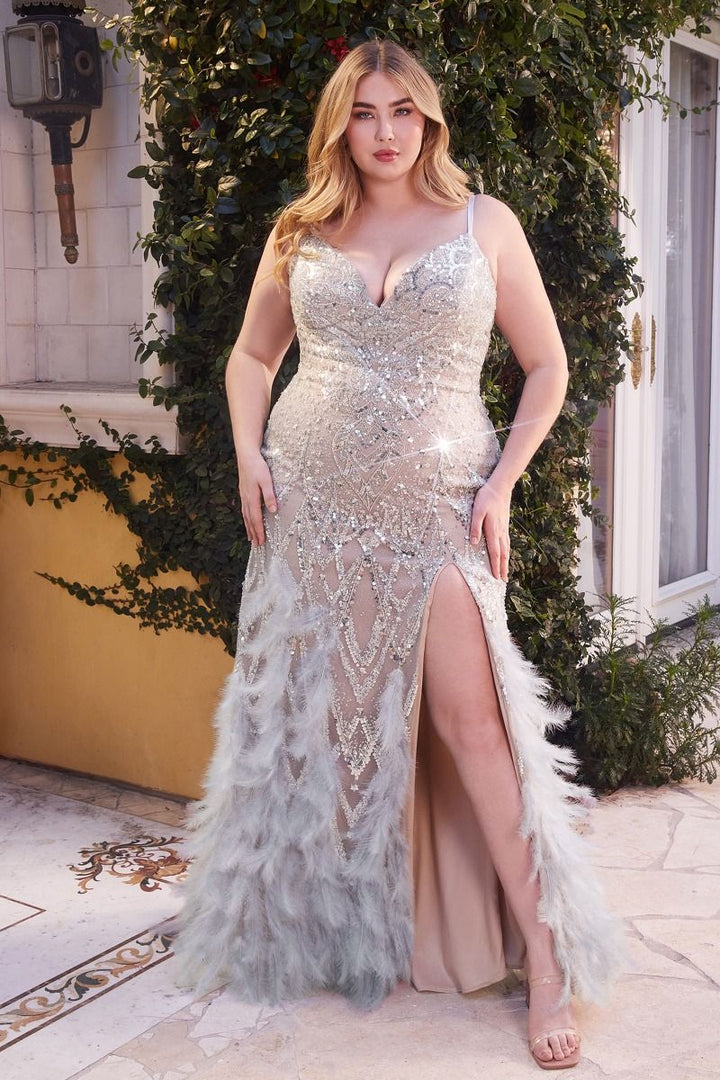 Beaded Mermaid Feather Detailed Skirt Side Slit V-Neck Long Prom Dress CDA1229C-3
