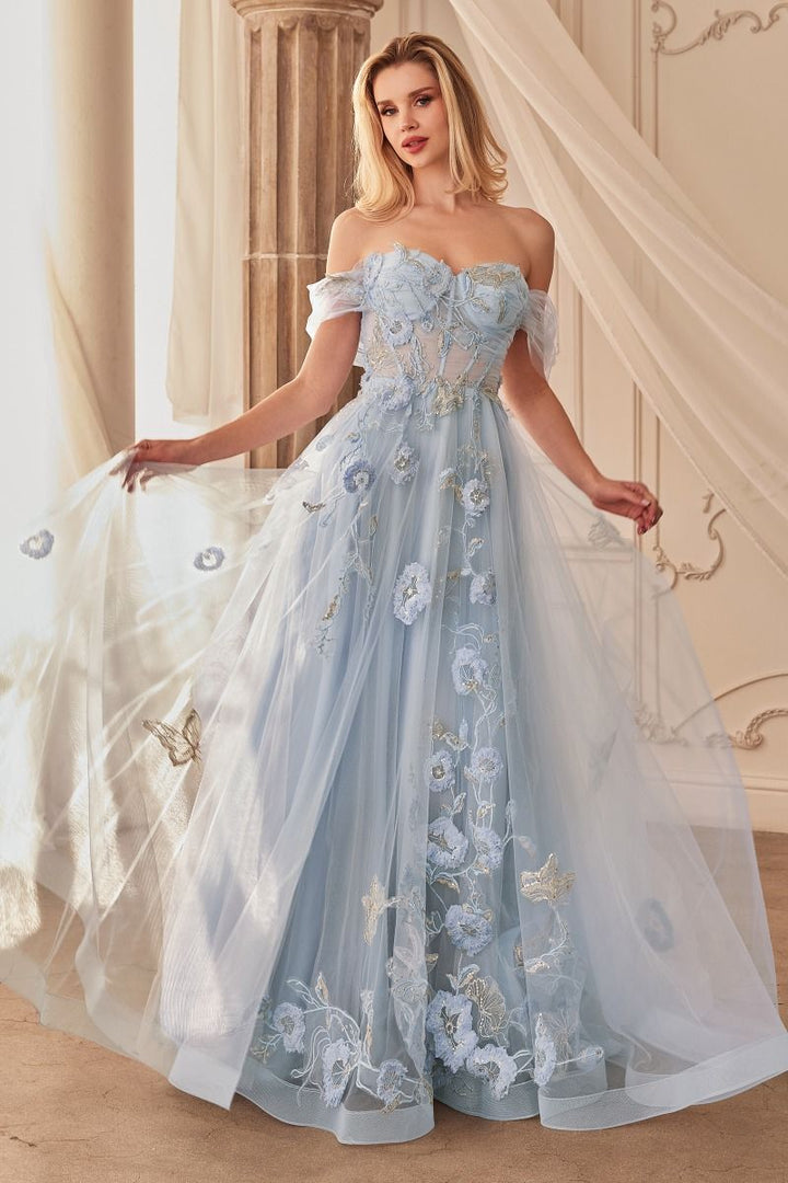 Off Shoulder Floral Applique A-Line Tulle Skirt Long Ball Dress CDA1246-2