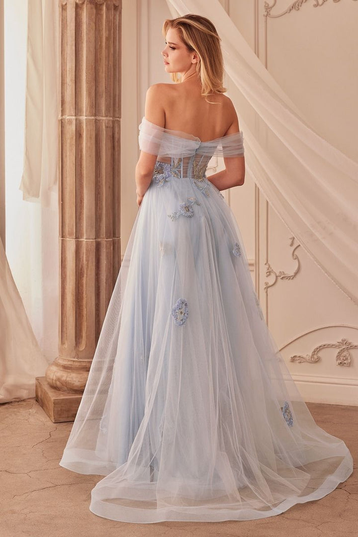 Off Shoulder Floral Applique A-Line Tulle Skirt Long Ball Dress CDA1246-1