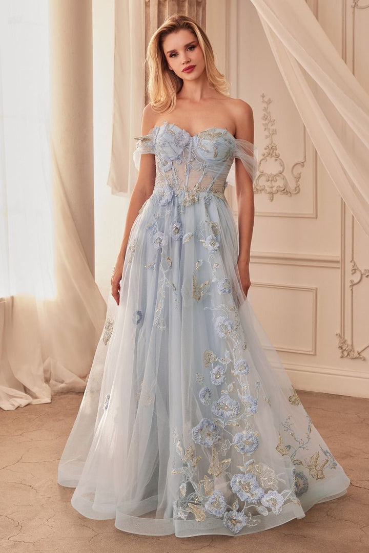 Off Shoulder Floral Applique A-Line Tulle Skirt Long Ball Dress CDA1246-4