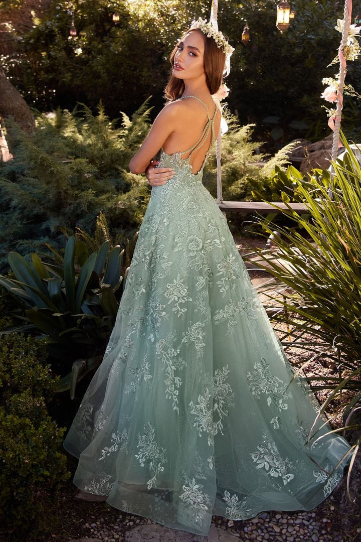 Lace Embellished A-Line Open Criss Cross Back Long Prom Dress CDA1248-3