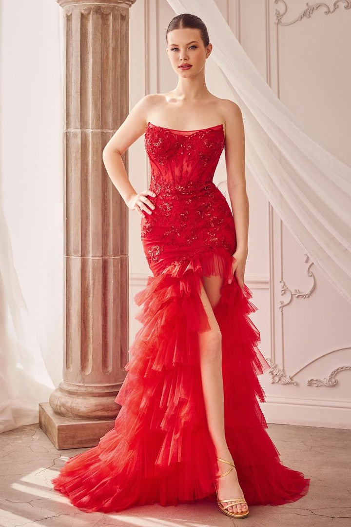 Strapless Lace & Tulle Mermaid Ruffle Skirt Long Prom Dress CDA1255-6