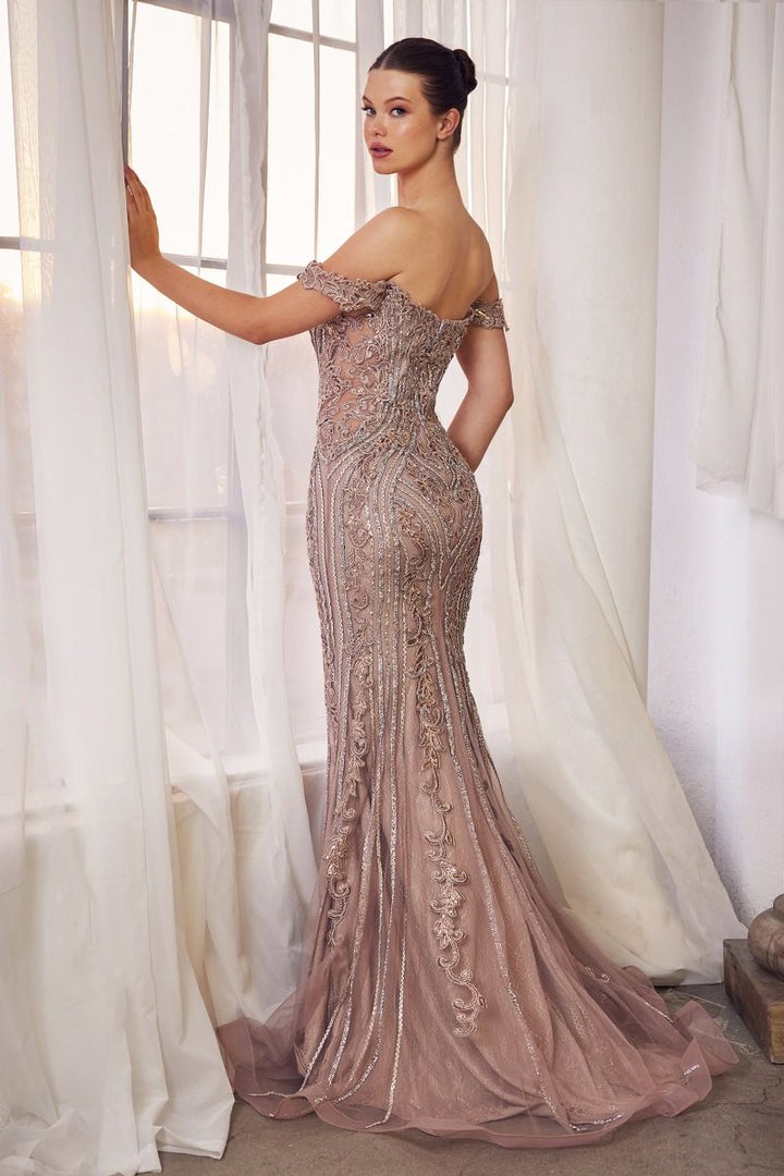 Off Shoulder Embellished Mermaid Open Back Long Prom Dress CDA1257-1