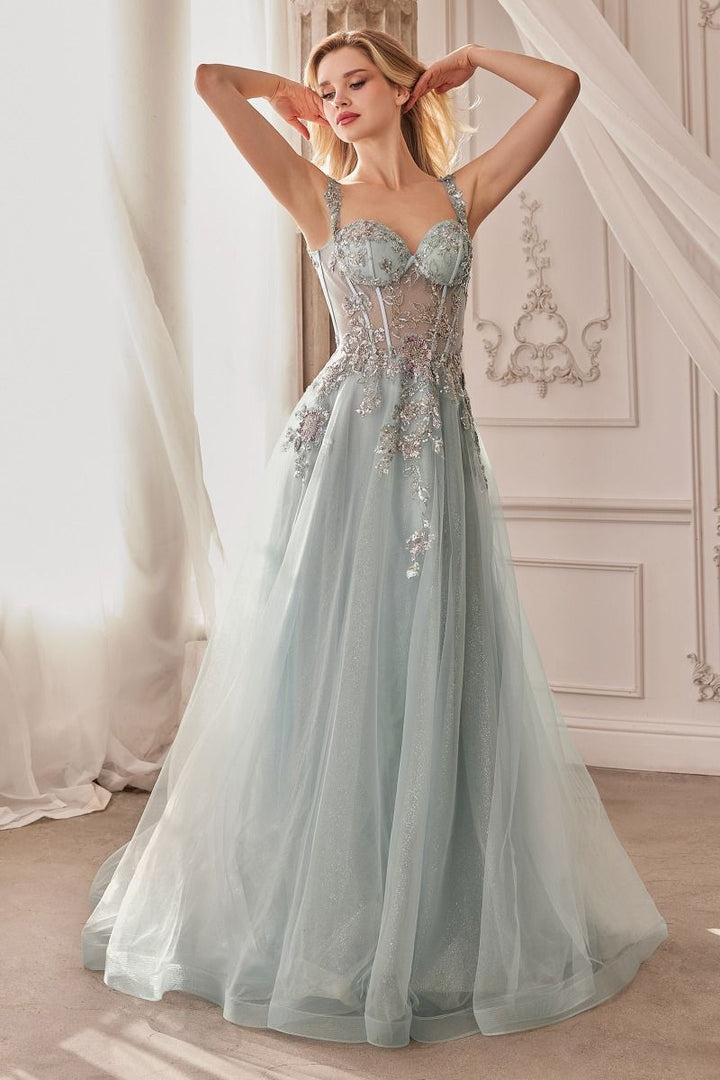 Embellished A-Line Tulle Embroidered Lace Bodice Long Ball Dress CDA1258-3