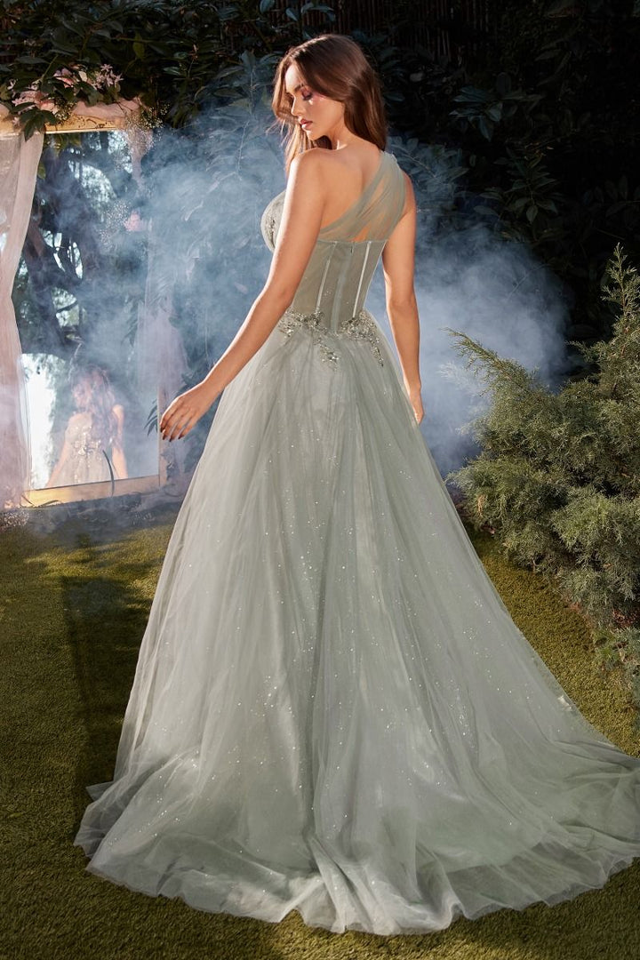 One Shoulder Tulle A-Line Side Slit Sheer Bodice Long Prom Dress CDA1259-1