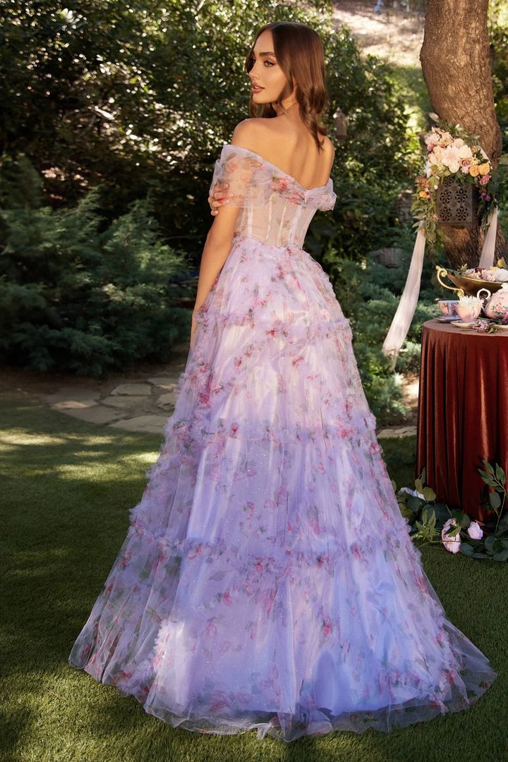 Off Shoulder Floral A-Line Open Back Layered Skirt Long Prom Dress CDA1286-1