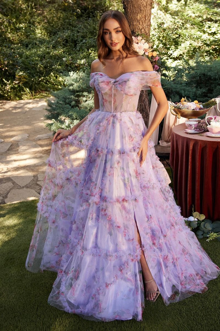 Off Shoulder Floral A-Line Open Back Layered Skirt Long Prom Dress CDA1286-0