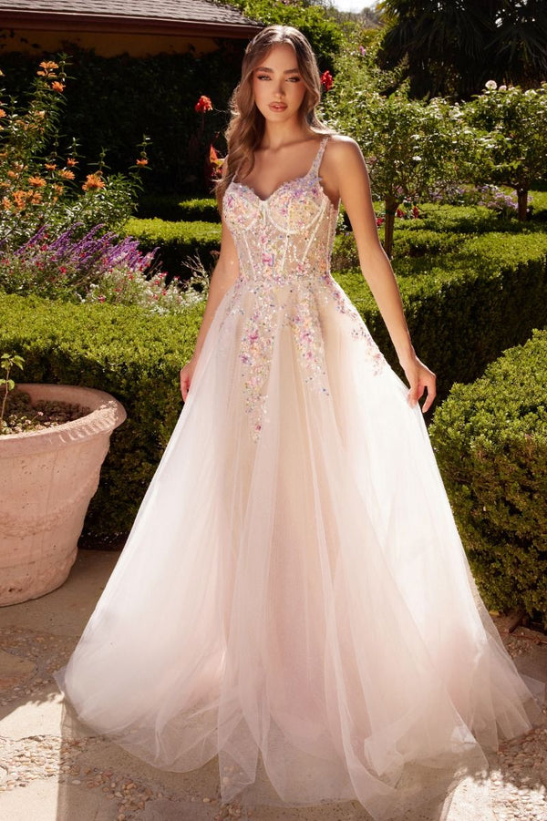 White A-Line Multi Colored Floral Embellishment Long Wedding Dress CDA1288-0