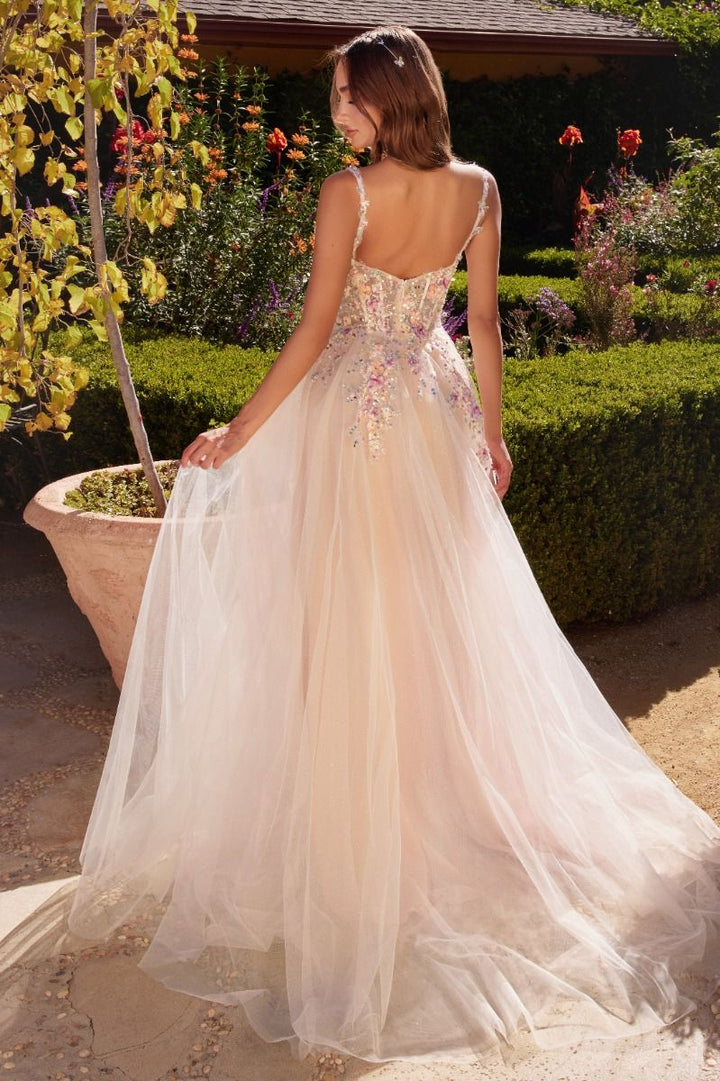 White A-Line Multi Colored Floral Embellishment Long Wedding Dress CDA1288-2