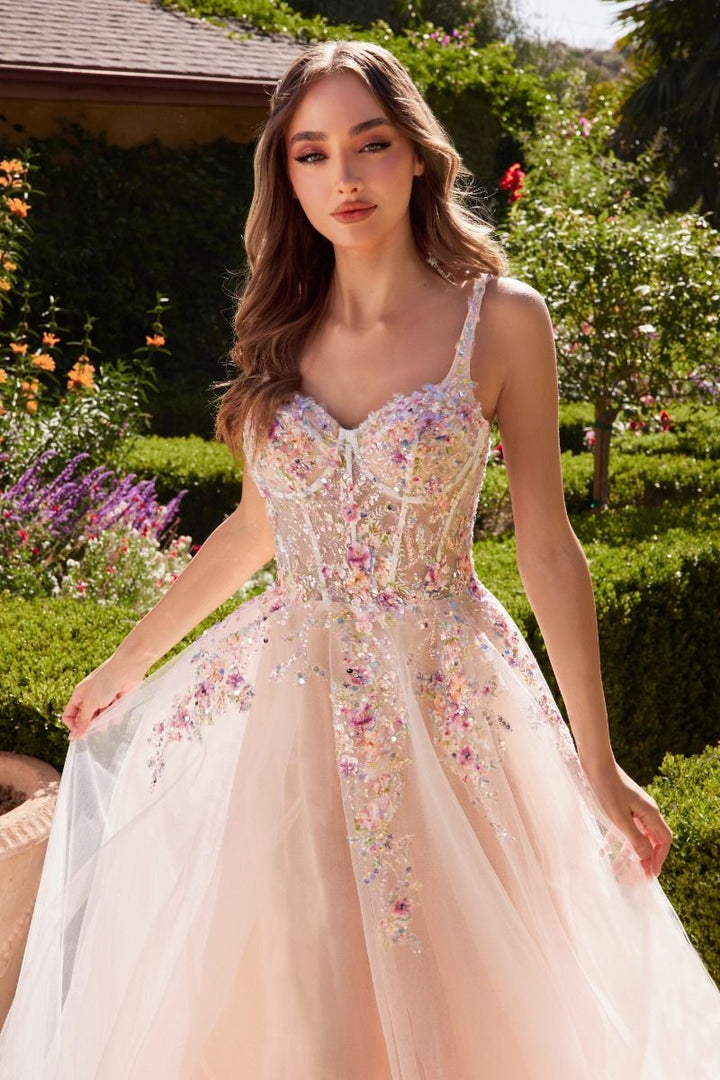 White A-Line Multi Colored Floral Embellishment Long Wedding Dress CDA1288-1