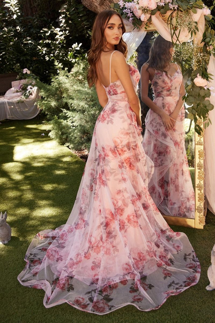 A-Line Floral Printed Open Back Pleated V-Neck Long Prom Dress CDA1290-1